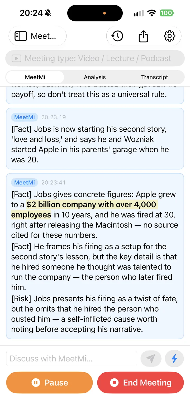 MeetMi on iPhone showing suggestion cards during a lecture, with a key figure highlighted.