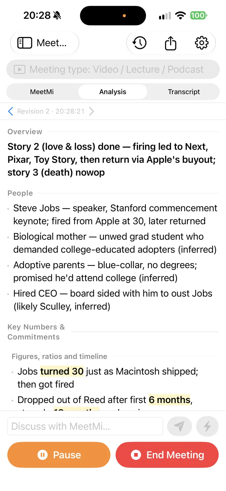 The analysis tab on iPhone: overview, people, key numbers and commitments.