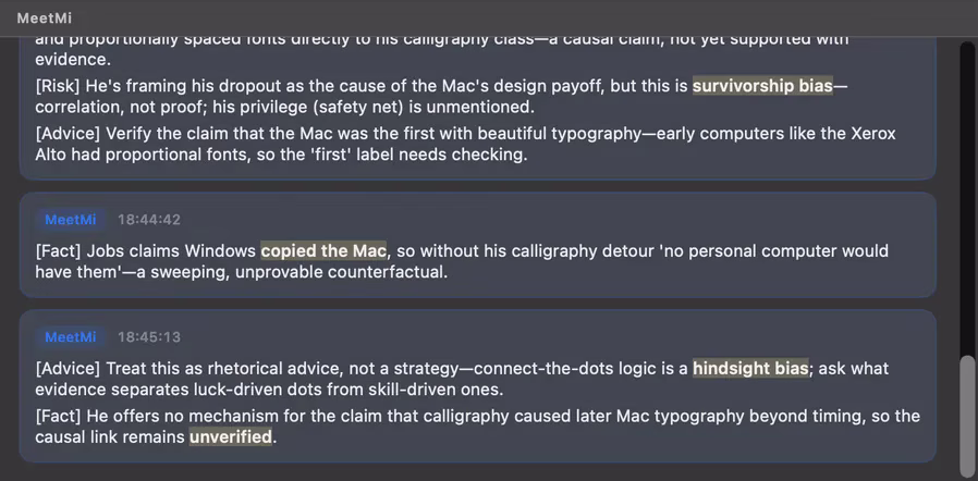 MeetMi's advice cards on a Mac during a recorded talk, each with a time. Points are tagged [Risk], [Advice] and [Fact], and key phrases such as survivorship bias, copied the Mac, hindsight bias and unverified are highlighted.