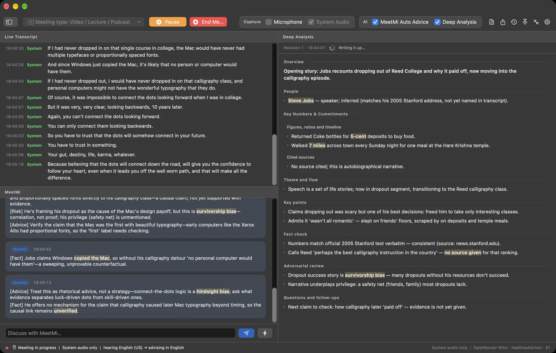 The MeetMi window on a Mac. A live transcript fills the top half; below it, MeetMi's suggestions arrive as cards labelled Fact, Advice and Action.